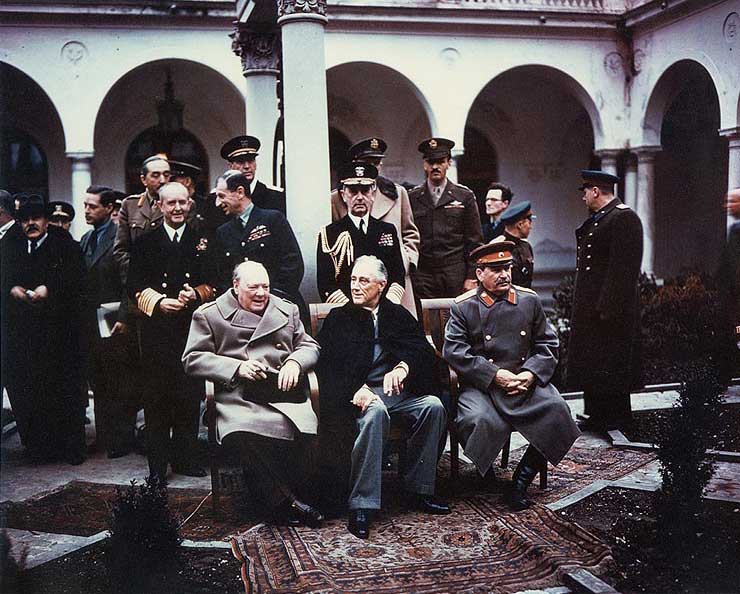 Churchill, Roosevelt, and Stalin at the Livadia Palace in Yalta, Russia (now Ukraine), Feb 1945, photo 1 of 4