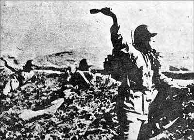 Chinese soldier throwing a grenade during Battle of Zaoyang-Yichang, May-Jun 1940