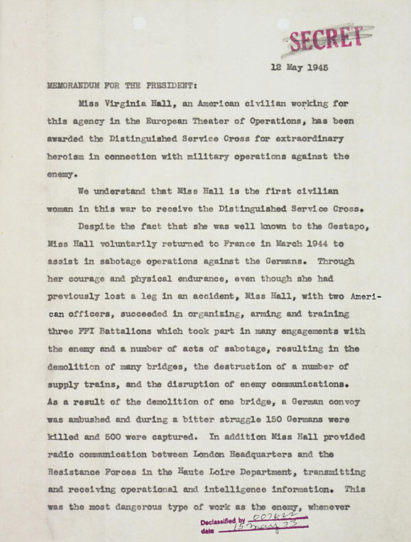 William Donovan's memorandum to Harry Truman regarding Virginia Hall, 12 May 1945, page 1 of 2