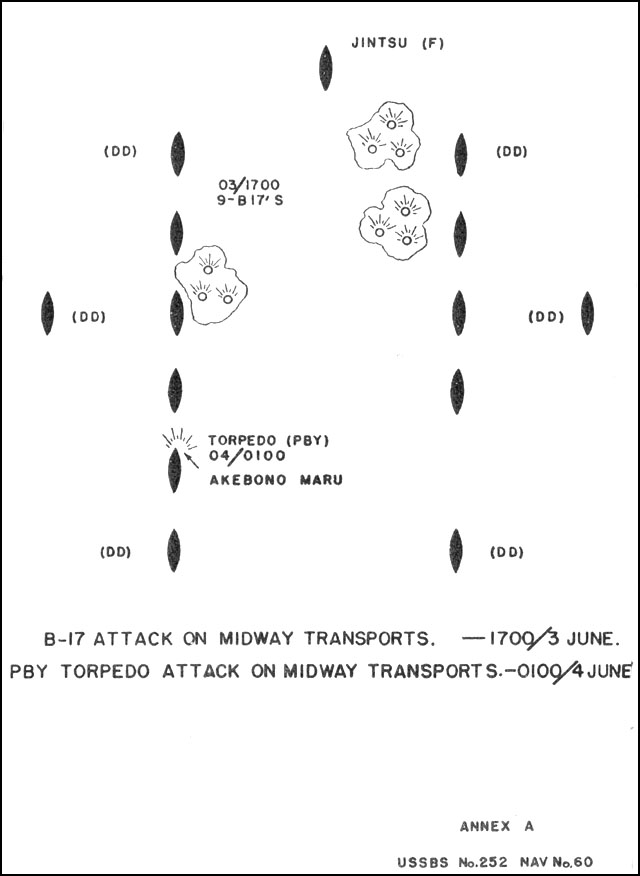 Diagram showing attacks on Japanese transports during Battle of Midway, 3-4 Jun 1942; Annex A of Toyama's 1 Nov 1945 interrogation