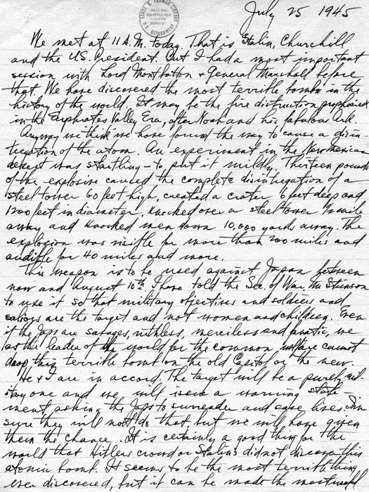 Harry Truman diary entry, 25 Jul 1945, page 1 of 2