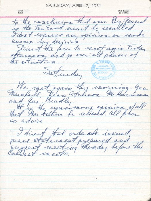 Harry Truman diary entry regarding recalling Douglas MacArthur, 7 Apr 1951