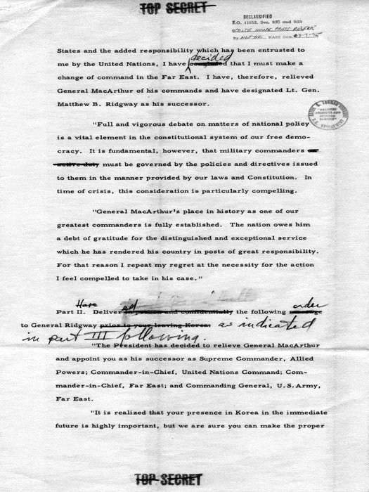 Truman's order to relieve MacArthur, 10 Apr 1951, page 2 of 6