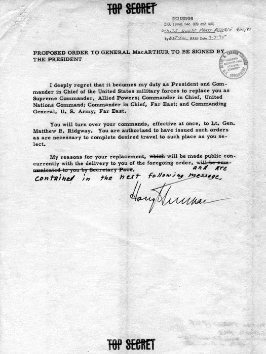 Truman's order to relieve MacArthur, 10 Apr 1951, page 4 of 6