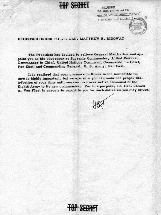 Truman's order to relieve MacArthur, 10 Apr 1951, page 6 of 6