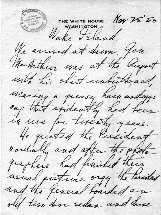 Truman's secretary's memo regarding the Truman-MacArthur meeting at Wake, 25 Nov 1950, page 1 of 4