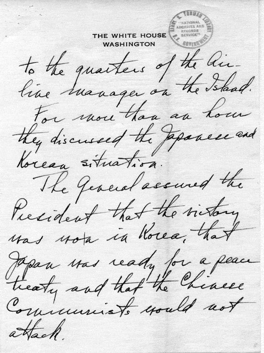 Truman's secretary's memo regarding the Truman-MacArthur meeting at Wake, 25 Nov 1950, page 2 of 4