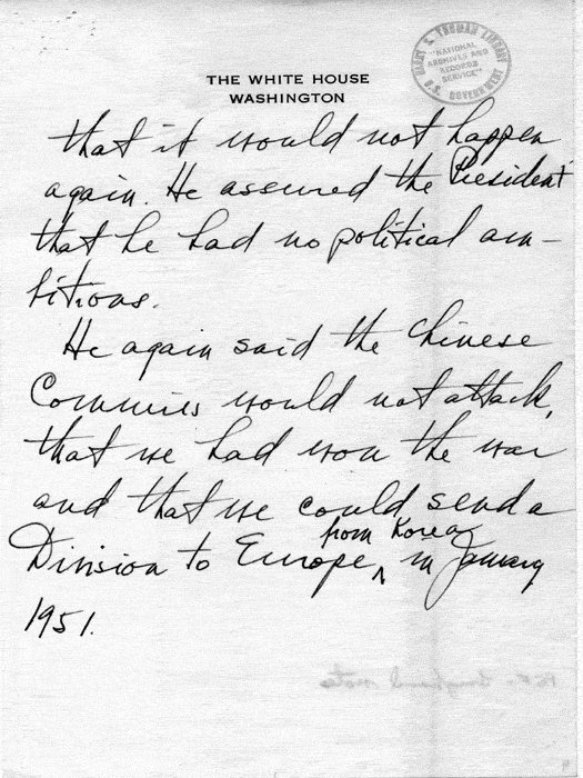 Truman's secretary's memo regarding the Truman-MacArthur meeting at Wake, 25 Nov 1950, page 4 of 4