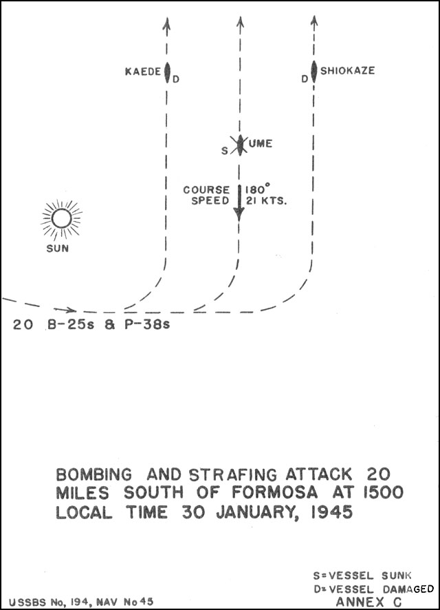 Drawing of bombing and strafing attacks on Japanese convoy off Taiwan on 30 Jan 1945, annex C of Lieutenant Commander Yasumoto's interrogation, 28 Oct 1945