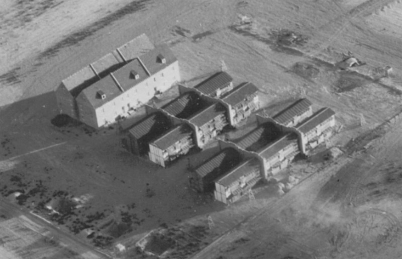 Aerial view of model enemy village at Dugway Proving Ground, Utah, United States, 1947