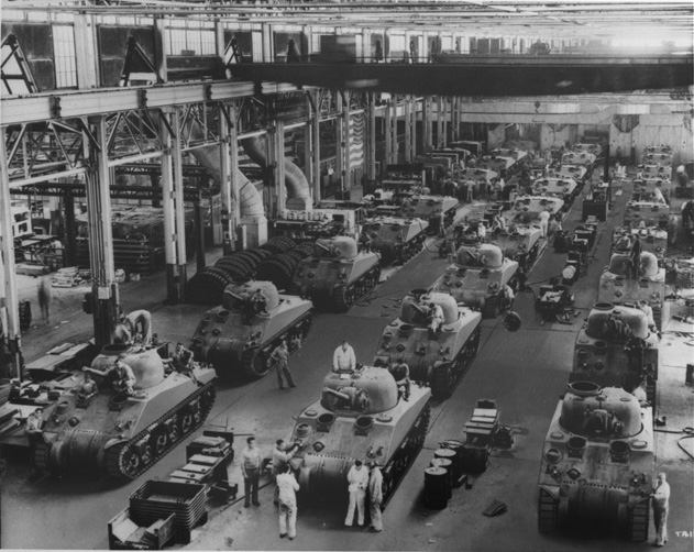 M4 Sherman tanks being built at the Detroit Arsenal Tank Plant, Warren, Michigan, United States, 1940s