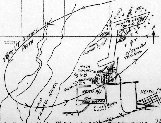 Hand-drawn map of Air Group 80 of USS Ticonderoga 9 Jan 1945 attack on Heito Airfield, southern Taiwan