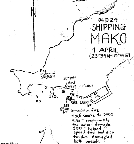 USAAF 498th Bombardment Squadron hand drawn map for the 4 Apr 1945 attack on Japanese shipping in Mako harbor, Pescadores Islands