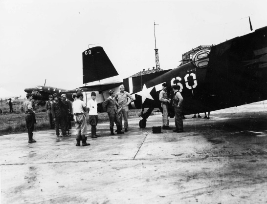 USMC Major Dick Johnson's TBM-3 Avenger aircraft at Matsuyama Airfield, Taiwan, 5 Sep 1945, photo 2 of 2; Johnson was the first US airman to arrive on Taiwan at the end of the war