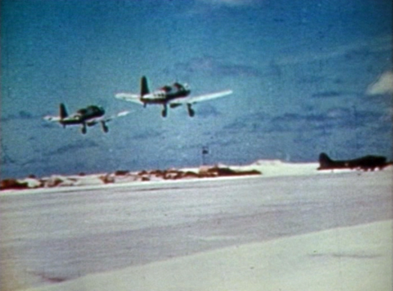 SB2U-3 Vindicator aircraft of US Marine Corps squadron VMSB-241 taking off from Eastern Island, Midway Atoll, 4-6 Jun 1942, photo 2 of 3