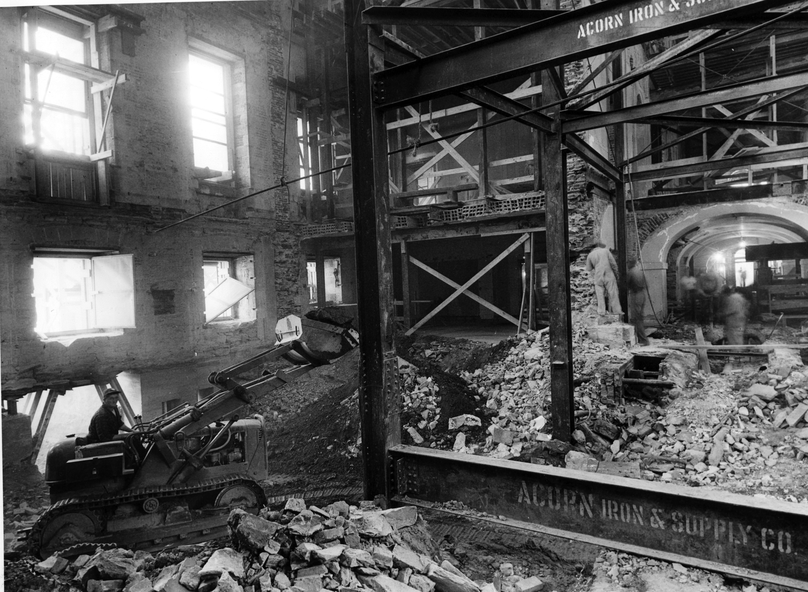Construction equipment inside the White House during a major renovation, Washington, United States, circa 1950