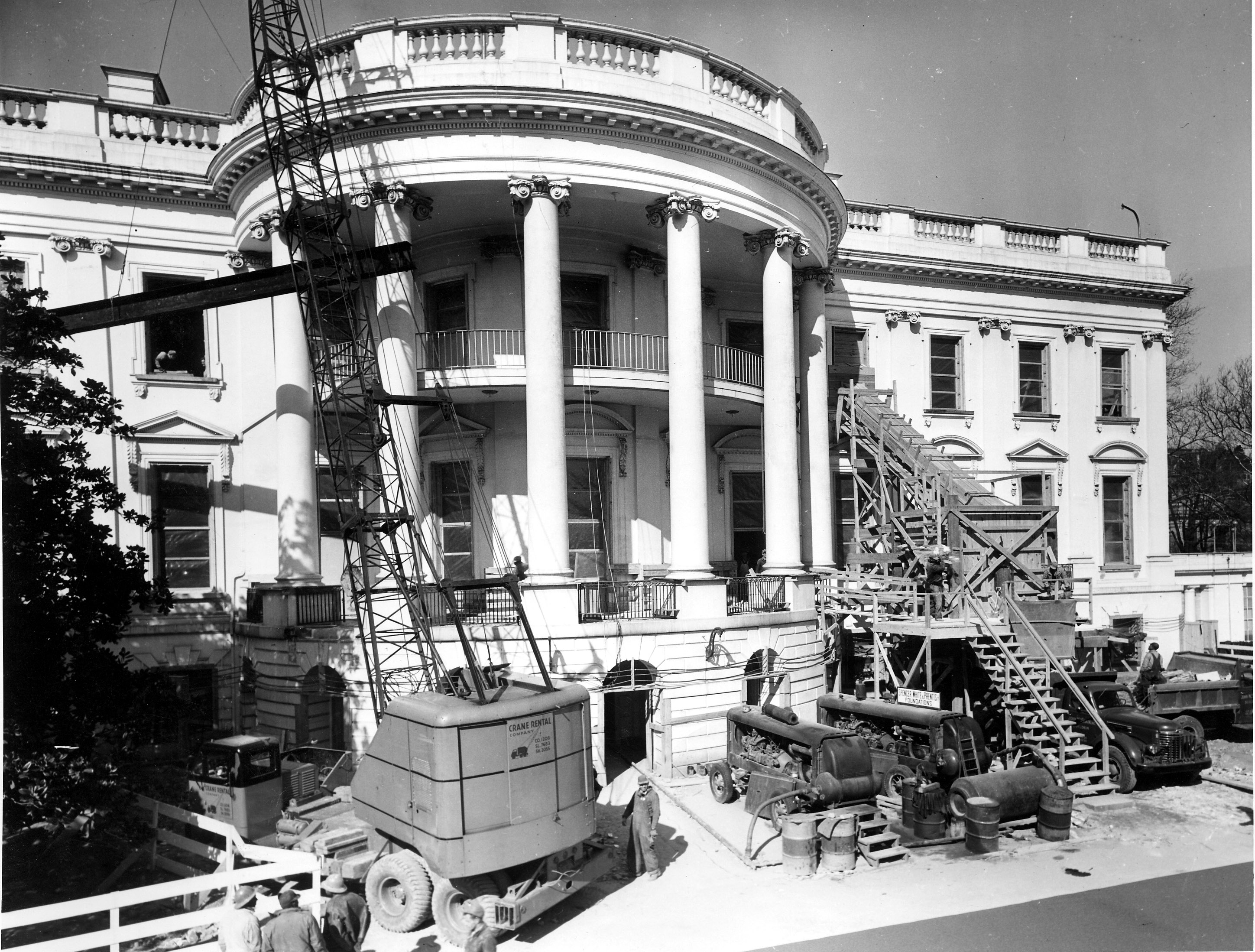 Construction equipment outside the White House during major renovation, Washington DC, United States, 27 Feb 1950
