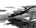 B-17F Fortress “The Aztec’s Curse” of the 26th Bomb Squadron immediately after an attack on Ghizo Island in the Solomon Islands, 5 Oct 1942.