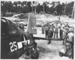 A badly damaged F4U-1A Corsair of Marine Squadron 216 flown by a wounded Lt Robert Marshall managed to return safely to Torokina, Bougainville, Solomons after an encounter with a swarm of A6M Zeros over Rabaul, New Britain, Dec 19 1943. Photo 4 of 5.
