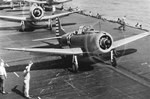 An SBD-3 Dauntless dive-bomber of Bombing Squadron 6 prepares for launch from the carrier USS Enterprise, early 1942.