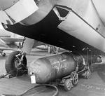 A Mark XIII torpedo being prepared for loading into the bomb bay of a TBM-1C Avenger for a raid against Tarawa, Gilbert Islands, Nov 1943.