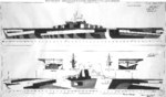 1944 plan for camouflage Measure 3, Design 6a on Essex-class fleet carriers. Of the 17 Essex-class carriers to see service during 1944-45, only 1 was painted according to this plan plus 1 with this only on one side