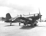 F4U-1D Corsair of Marine Squadron VMF-422 at Ie Shima Airfield, Ie Shima, Okinawa, Japan, 1945. Note the nose art on both the plane and the belly tank.