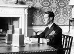 King George VI of the United Kingdom delivering his radio address announcing Britain’s entry into the war with Germany, Buckingham Palace, London, England, UK, Sept 3, 1939 [staged press photo].