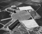 Aerial view of the Airship hangars at NAS Santa Ana, Tustin, California, United States, circa 1950. This base was home to Airship Patrol Squadron ZP-31 from Oct 1942 to Sep 1945 flying K-class airships.