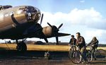 Groundcrew members tending to B-17F Fortress "Berlin Sleeper II" of the 342nd Bomb Squadron at Polebrook Air Base, late 1944. Note small gas powered generator charging up the batteries.