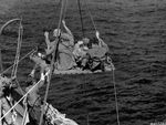Wounded Marines being transferred aboard a ship for evacuation from Iwo Jima, Feb 19, 1945.