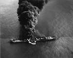 Oil tanker Byron T Benson burns on 5 Apr 1942 after being torpedoed the night before by U-552 ten miles off North Carolina, United States. 28 were rescued while ten perished. The ship burned for 3 days before sinking