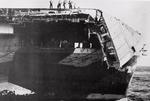 USS Hornet (Essex-class) with 24 feet of her flight deck collapsed over the bow after being damaged 5 Jun 1945 in Typhoon Connie in the Philippine Sea. 120 knot winds and 60 foot seas caused the damage.