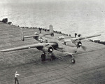 PBJ-1H Mitchell strafer bomber on the flight deck of USS Shangri-La off Chesapeake Bay during trails to judge the suitability of the Mitchell as a carrier aircraft, 15 Nov 1944.