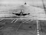 An F4U-1D Corsair with Fighting Squadron VBF-84 taking off from USS Bunker Hill for a close ground air support mission to Iwo Jima, 19 Feb 1945