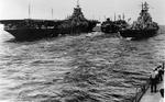 Essex-class carrier USS Bon Homme Richard (left) and battleship USS Missouri (right) taking fuel from fleet oiler USS Tappahannock (center) east of Iwo Jima, 8 Jul 1945.