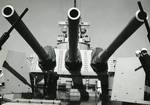 Close up view of the main guns in USS Iowa’s number 3 turret flanked by 20mm Oerlikons while at anchor in Chesapeake Bay, United States, 13 May 1943