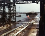 The launching of the USS Lexington (Essex-class) at the Bethlehem Steel Company shipyard in Quincy, Massachusetts, United States, 26 Sep 1942. Note that the island structure is yet to be built.