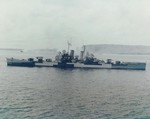 Cruiser USS St Louis bombarding Guam, Mariana Islands, 21 Jul 1944. Note the Measure 32, Design 2C paint scheme; only St Louis and Honolulu were painted this way.