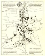Map of the layout of Lidice, Czechoslovakia. A symbol of a cross with a wreath marks the location of the Horák family farm where all 173 of Lidice’s men were murdered by the SS on 10 Jun 1942.