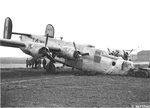B-24J Liberator with the 458th Bomb Group with a collapsed front wheel due to a landing accident at Horsham St Faith, Norfolk, England, 2 Mar 1945.