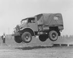 Canadian CMP 3/4-ton 4x4 truck undergoing testing, 1941. Note early cab design with rear swinging doors, rear sloping windscreen, and traditional front fenders (wings).