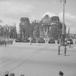 Bernard Montgomery reviewing officers in front of the Reichstag building, Berlin, Germany, 1945
