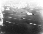 United States Navy Third Fleet outside Tokyo Bay, Japan, Aug 1945 soon after the Japanese surrender. Visible are at least five fleet carriers, three light carriers, three battleships, and numerous escorts.