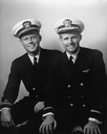 United States Navy Lieutenant (junior grade) John F. Kennedy (left) posing with his older brother Ensign Joseph P. Kennedy, Jr. on the United States east coast, May 1942.