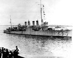 Four-stack destroyer USS Reuben James upon being recommissioned at the Philadelphia Navy Yard, 9 May 1932.