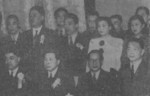 Japanese filmmaker Nagamasa Kawakita visiting Shanghai, China, Apr 1942; Kawakita in front row, second from left; Chinese puppet ruler Wang Jingwei in front row, far right