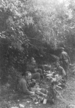 Members of medal and veterinary sections of US 5332nd Brigade (Provisional) Joe Rose, Sergeant Pachalski, Private Salzane, Jerry Martin (hidden), Burma, 1945