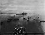 Silhouette of USS Iowa, as seen from USS Missouri, in Tokyo Bay during the Japanese surrender ceremonies, Tokyo, Japan, 2 Sep 1945. Iowa was the Fleet’s lead communications ship at the time.