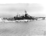 USS Maryland underway in Puget Sound, Washington, United States 26 Apr 1944 after an overhaul. Note absence of caged superstructure and fresh Measure 31, Design 7D paint scheme.